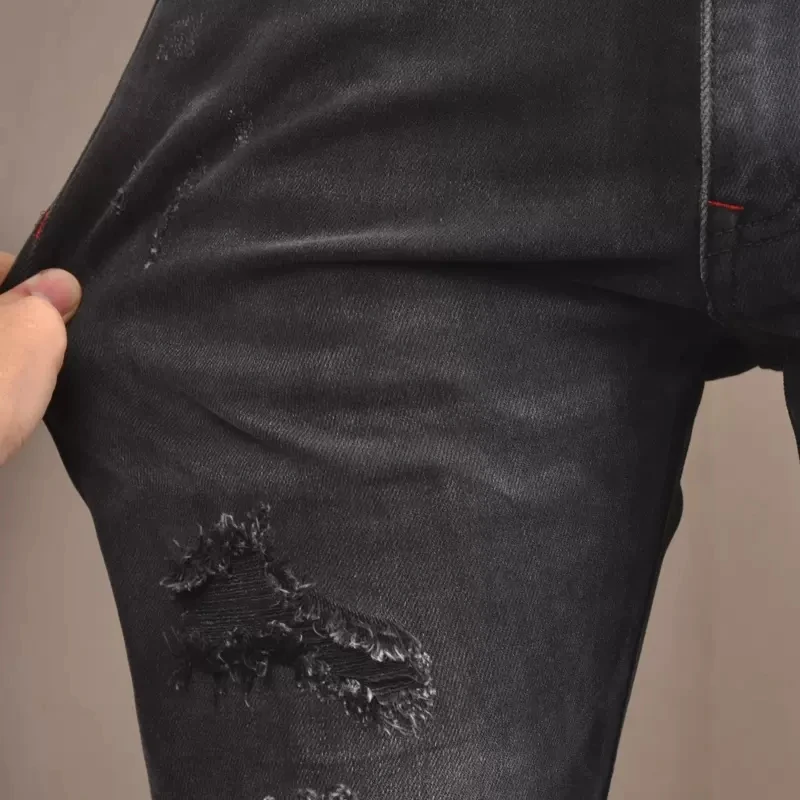 Street Fashion Men Jeans Black Stretch Skinny Fit Vintage Ripped Jeans Men Patched Designer Hip Hop Denim Pencil Pants Hombre