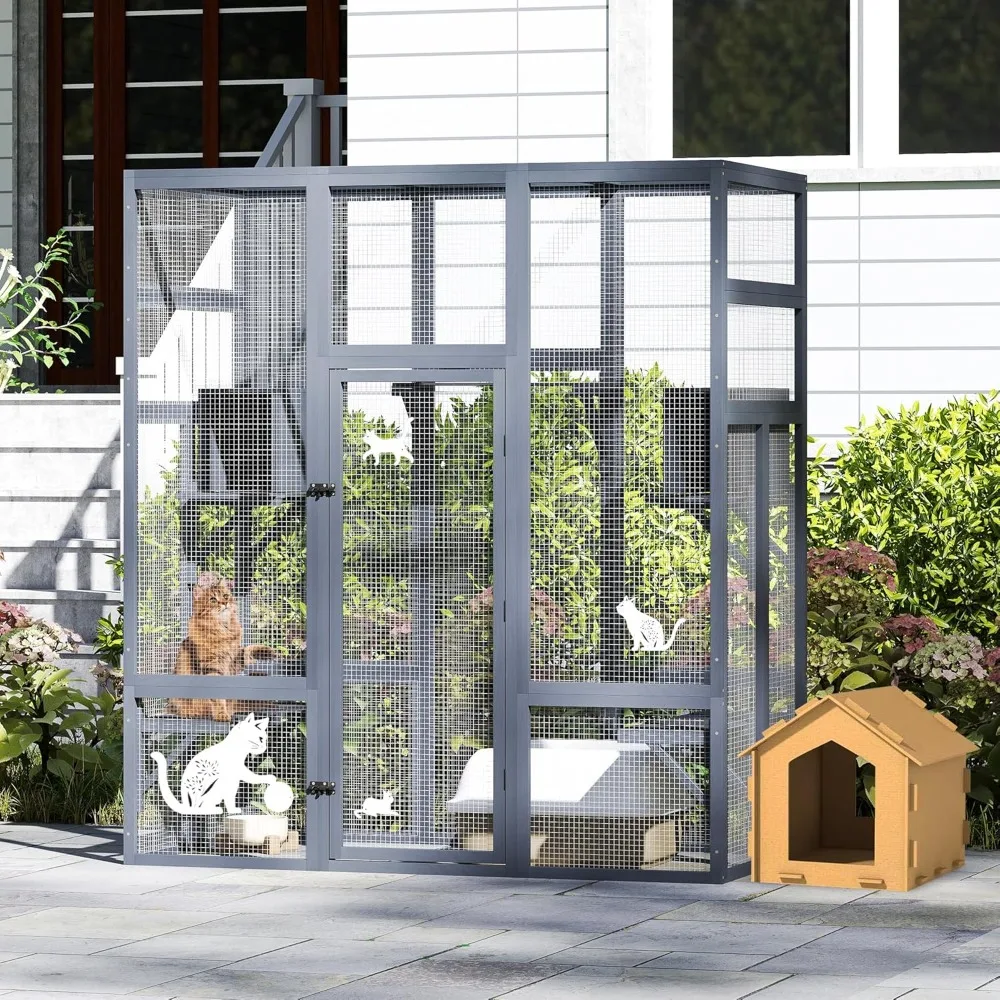 

70Inches Large Stable Spacious Wooden Catio Outdoor Cat Enclosure with Perches and Condos,