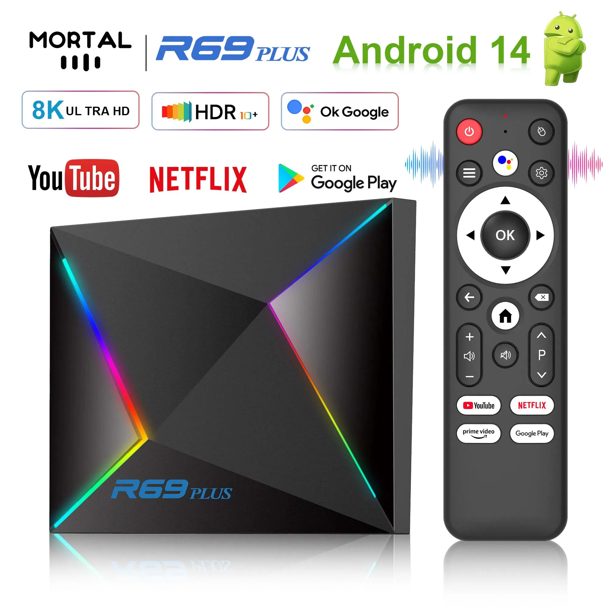 Mortal ATV R69 Plus Smart Android14 TV Box Allwinner H728 Dual WiFi Support 8K Chromecast  Google Voice Assistant Control Media