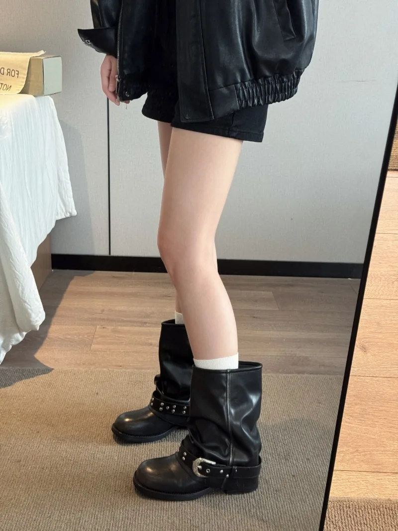 Belt Buckle Motorcycle Boots, Short Pants Boots for Women, 2026 Fall/Winter New Thick-Heeled Mid-Calf Studded Rider Boots