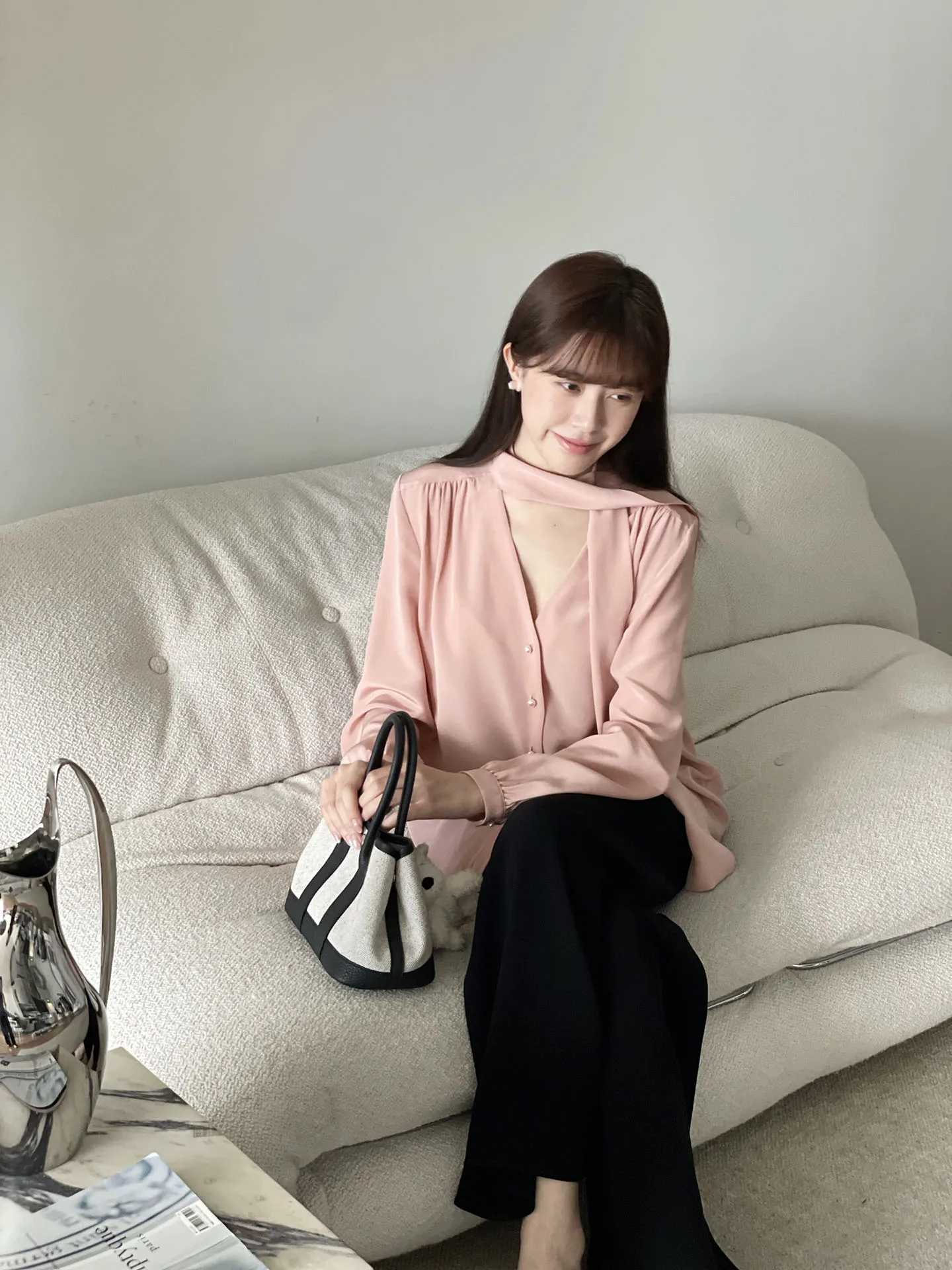 

Элегантное женское платье из шелка с V-образным вырезом, бантом, драпированным поясом, длинными рукавами, прямого кроя, однотонное, весеннее, модное, розовое