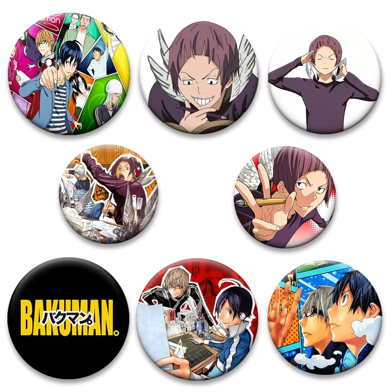 Insignia de Anime BAKUMAN, Exquisitos Pins de Solapa de Dibujos Animados, Moritaka Mashiro, Akito Takagi, Miho Azuki, Broches Redondos para Accesorios de Mochila