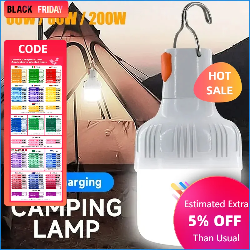 200W 80W 60W High Power LED Camping Light Rechargeable Portable Lanterns Outdoor Emergency BBQ Tent Lighting Lamp Bulb with Hook