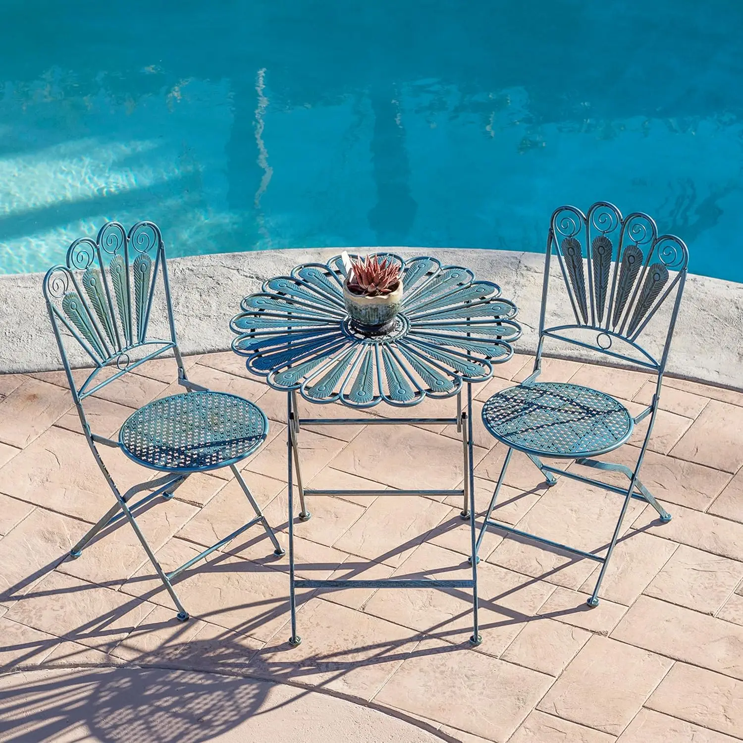 

Indoor/Outdoor 3-Piece Peacock Feather Rustic Metal Bistro Set Patio Seating, Light Blue