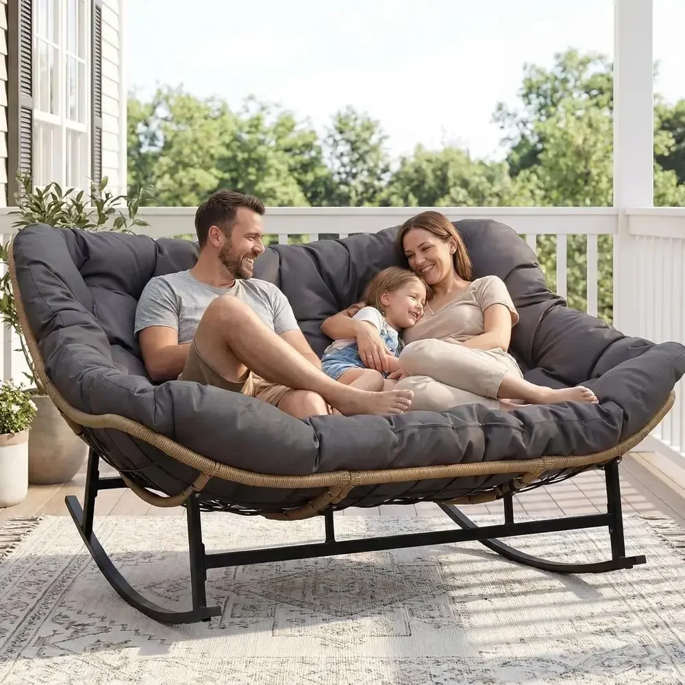 Grey Heavy-Duty Outdoor Indoor Wicker Rocking Chair with Cushion, Supports Up to 700 lbs