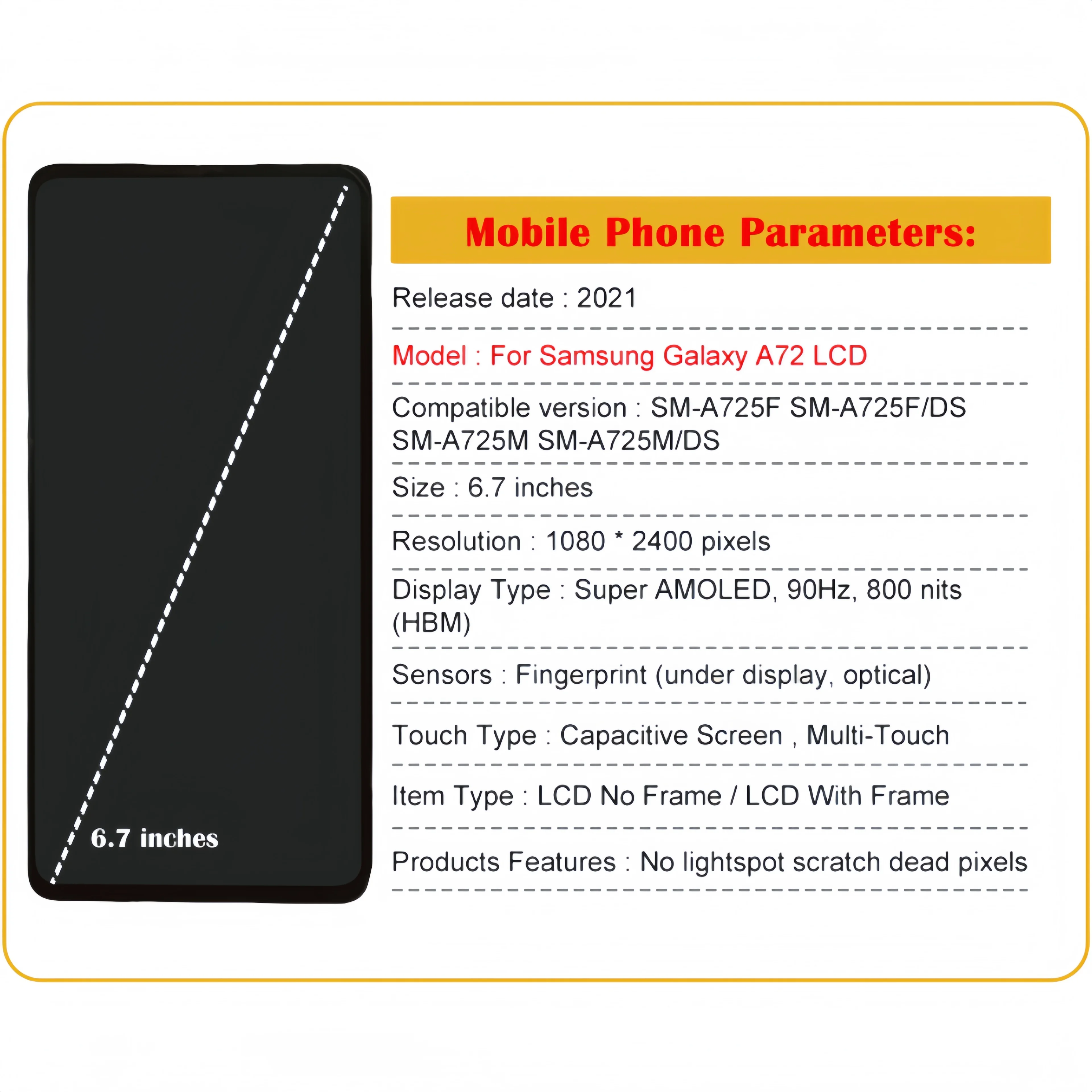 For Samsung Galaxy A72 A725 SM-A725F A725M A725F/DS A725M/DS Lcd Display Touch Screen Digitizer Assembly Replacement