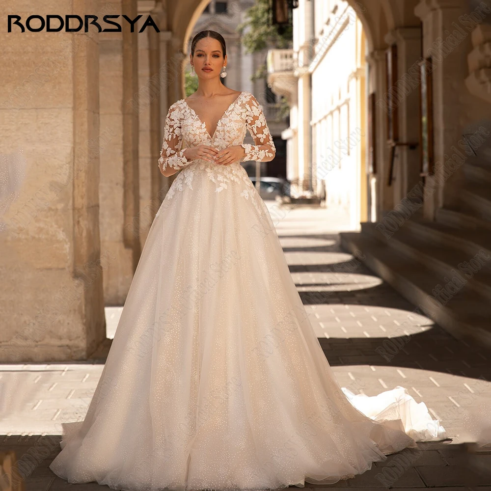 RODDRSYA Exquisite Wedding Dresses Long Sleeves Sexy Backless Bride Gowns Applique Princess Tulle A-Line vestidos de novia