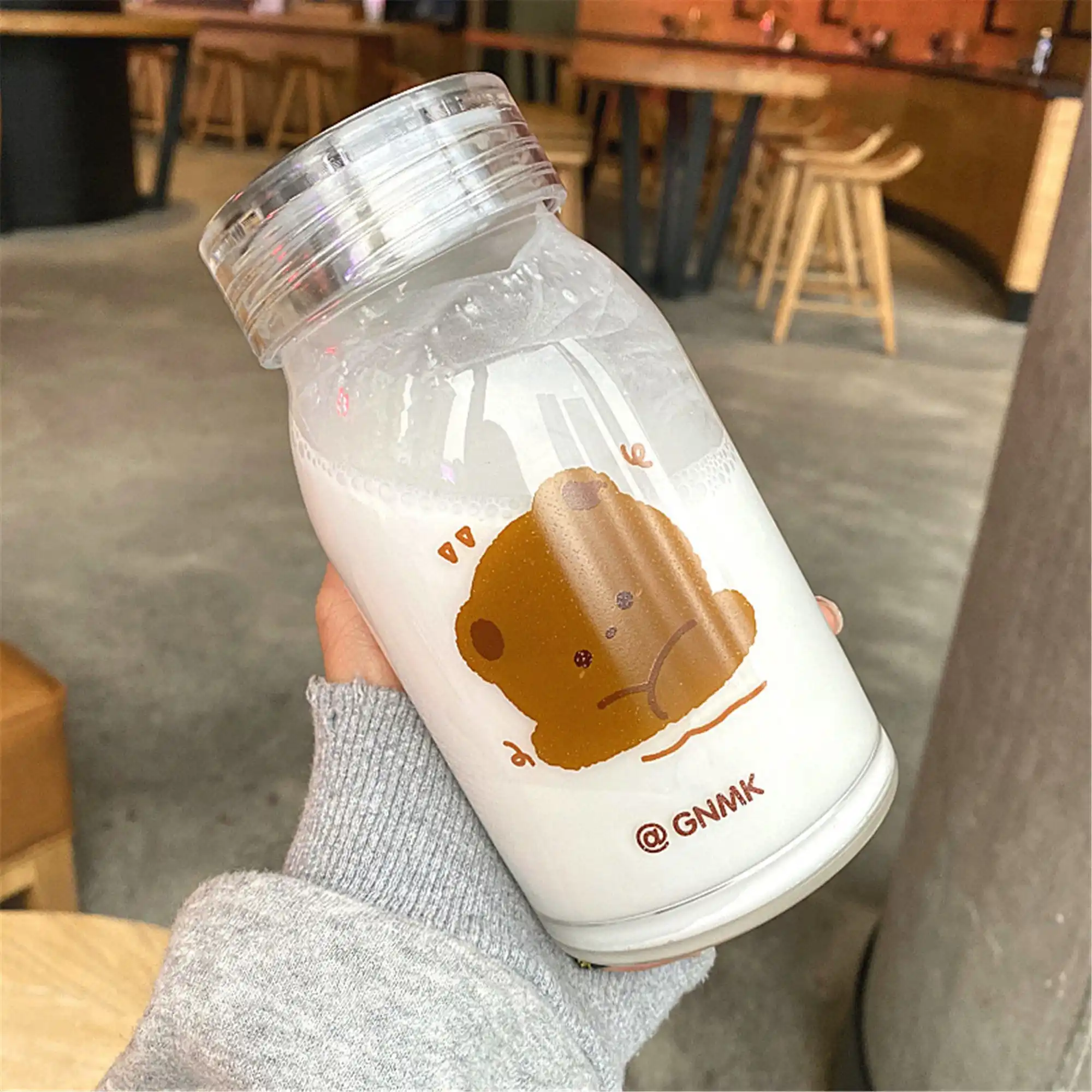 Cute Bear Glass Water Bottle With Lid Clear Printing Water Bottle Portable Cartoon Aesthetic Travel Water Bottle 500ML Couple