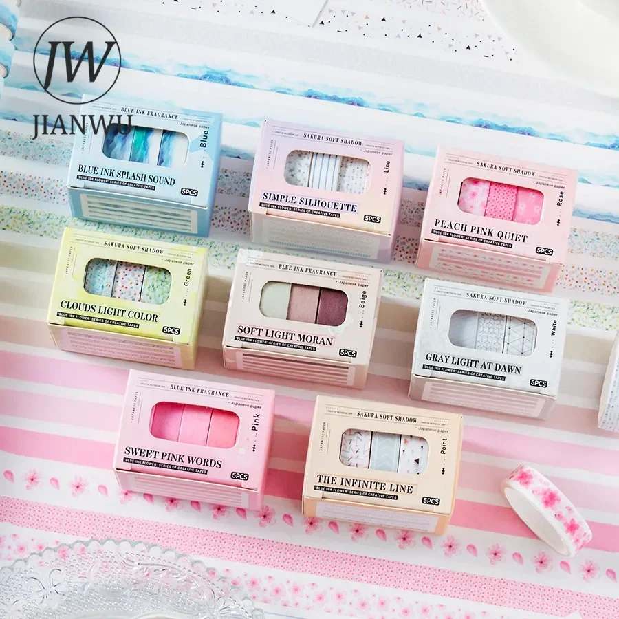 

JIANWU 5 Rolls Qingmo Huafei Series Vintage Flower Sea Waves Landscape Material Collage Washi Tape Creative Journal Stationery