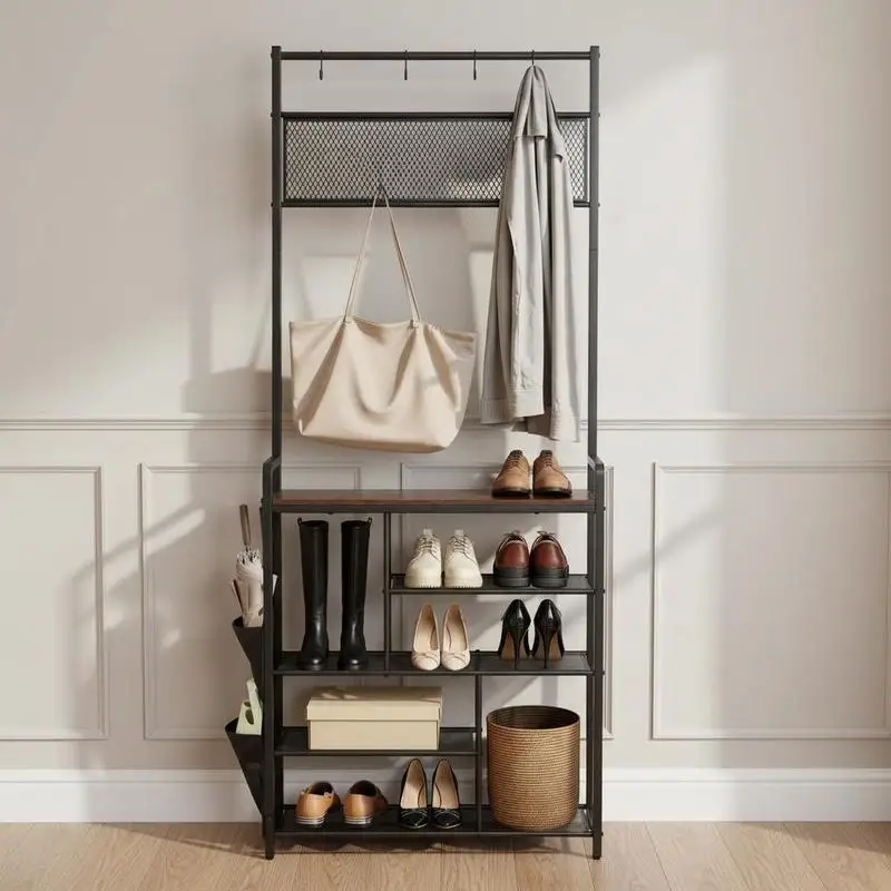 

Hall Tree, 70.9 in Coat Rack with Shoe Storage, Freestanding 4-Tier Shoe Rack Organizer with Hooks, Side Pocket and Wire Shelf, Steel Frame Entrance Coat Holder for Entryway, Bedroom, Closet