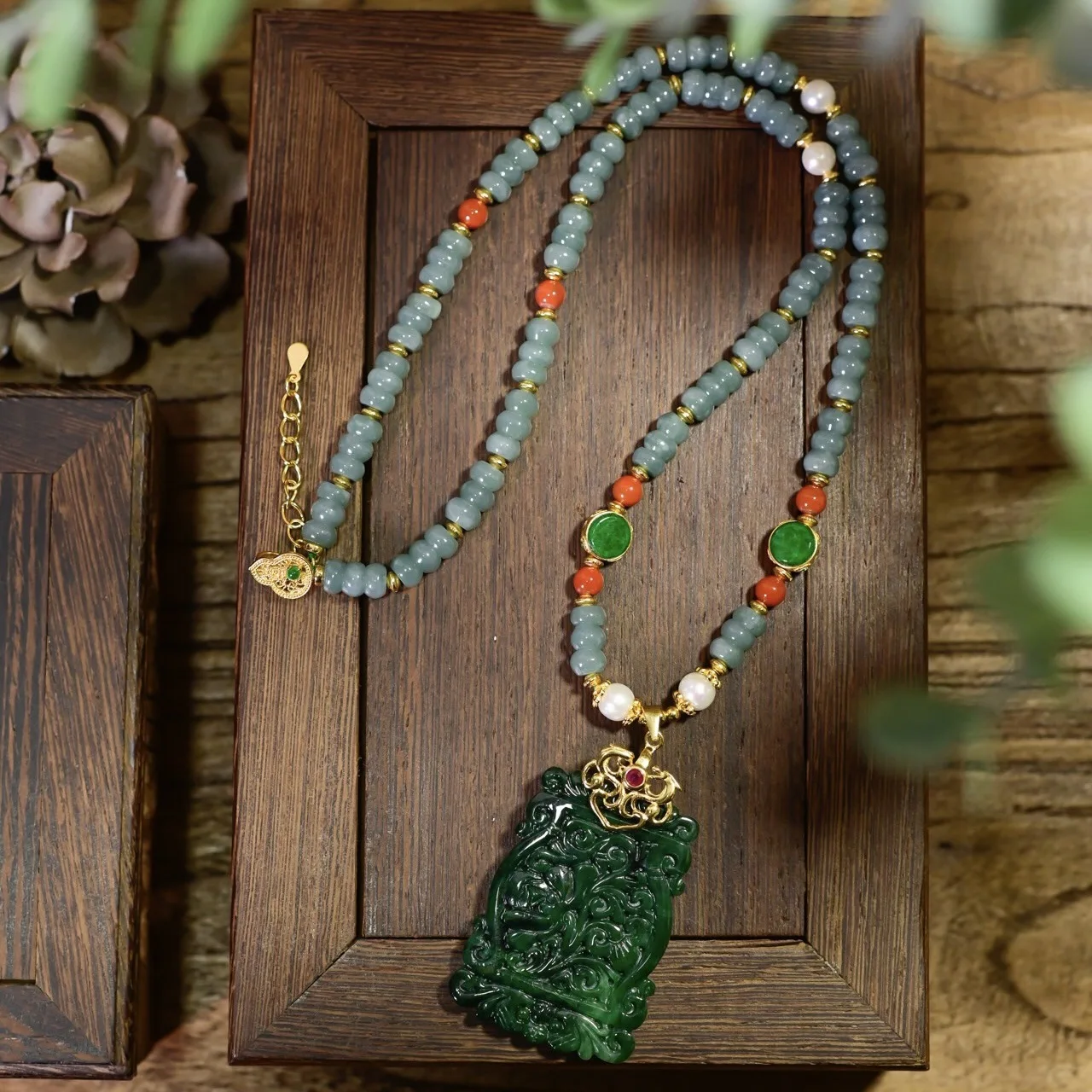 Natural Ice Blue Jade Necklace, Nanhong Agate Freshwater Pearl Carved Flower Prosperity Plaque Pendant, Chinese Gemstone Jewelry
