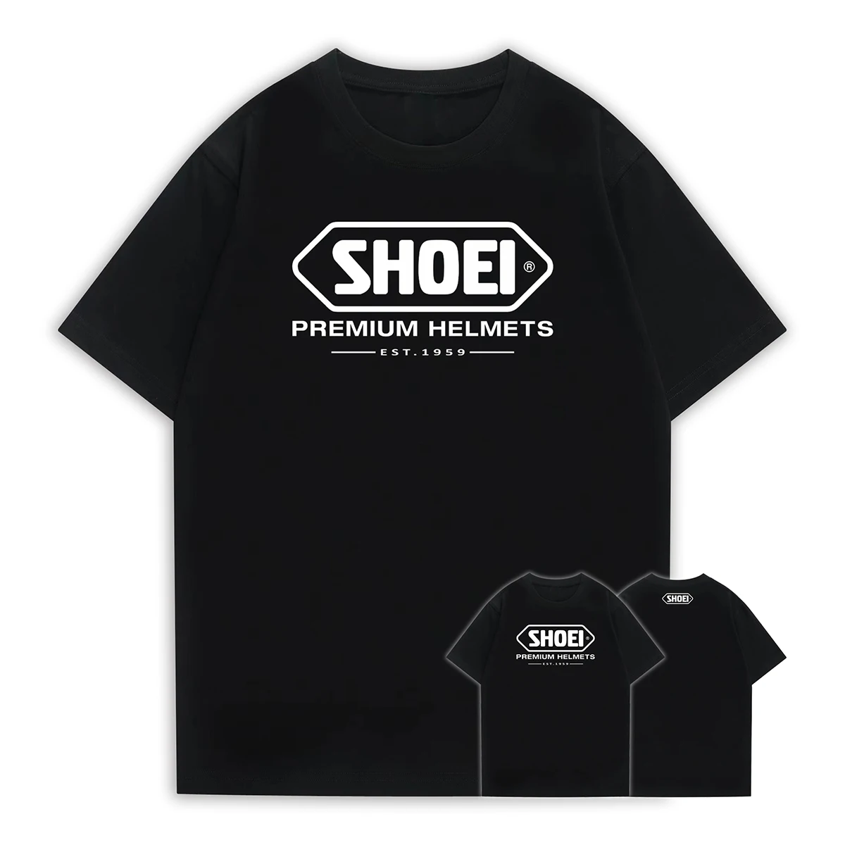 

A black round-neck short-sleeved T-shirt with a classic Japanese SHOEI motorcycle racing helmetthe same style as Marquis