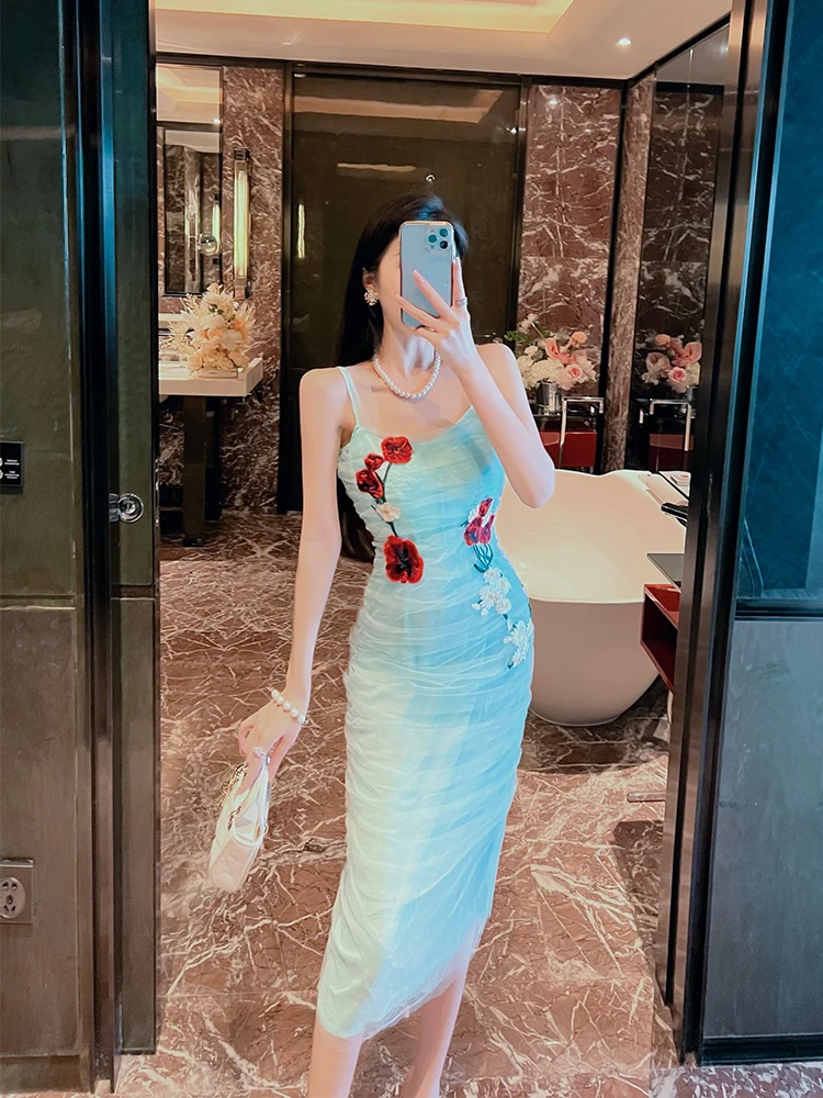

Elegant Embroidered Strap Dress Heavy Embroidery Floral Net Wrap around Skirt Women Summer Fashion High Waist Midi Dress