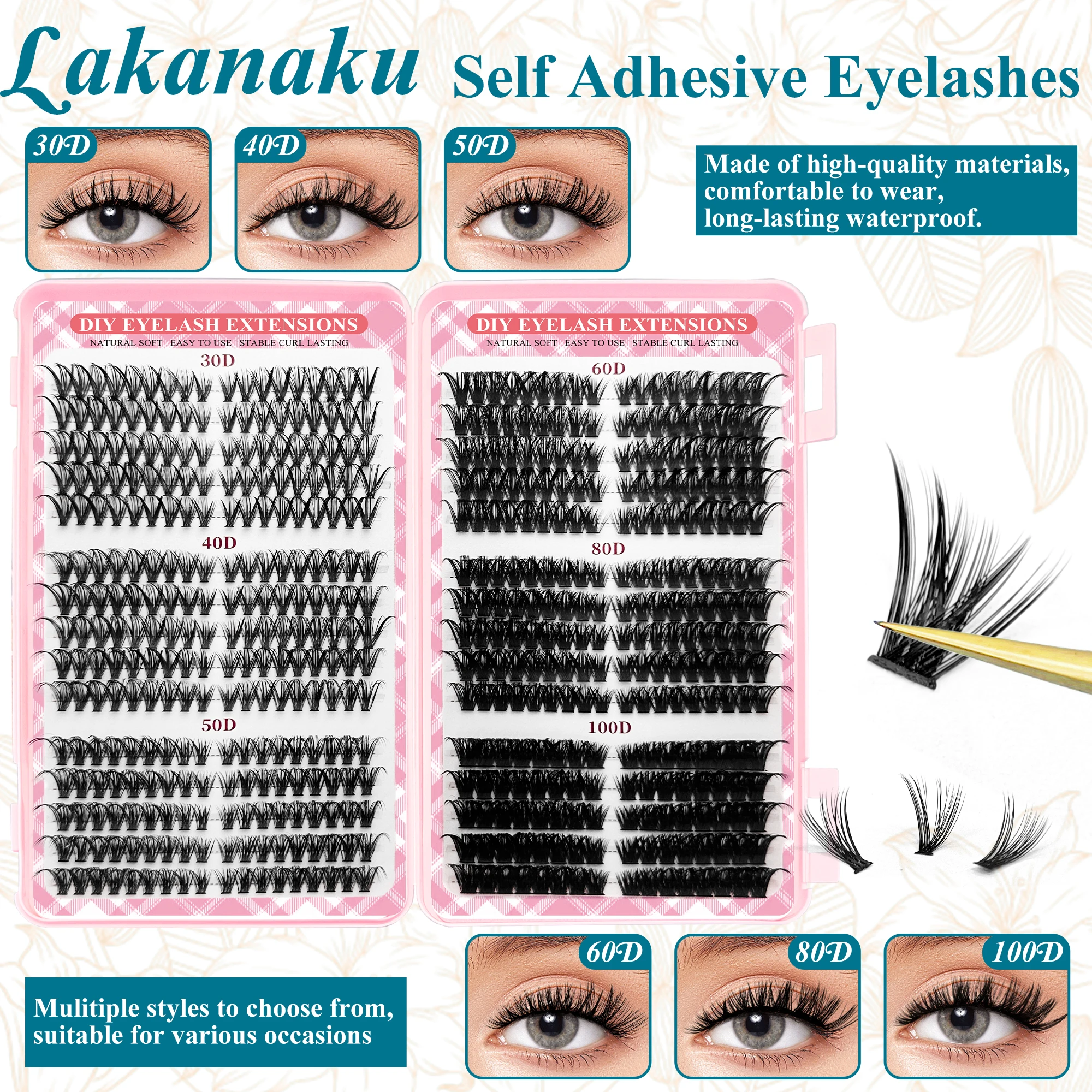 LAKANAKU 個別まつげクラスター ナチュラル キャットアイ スタイル ソフト DIY ラッシュエクステンション 再利用可能 無香料 初心者 & コスプレ用