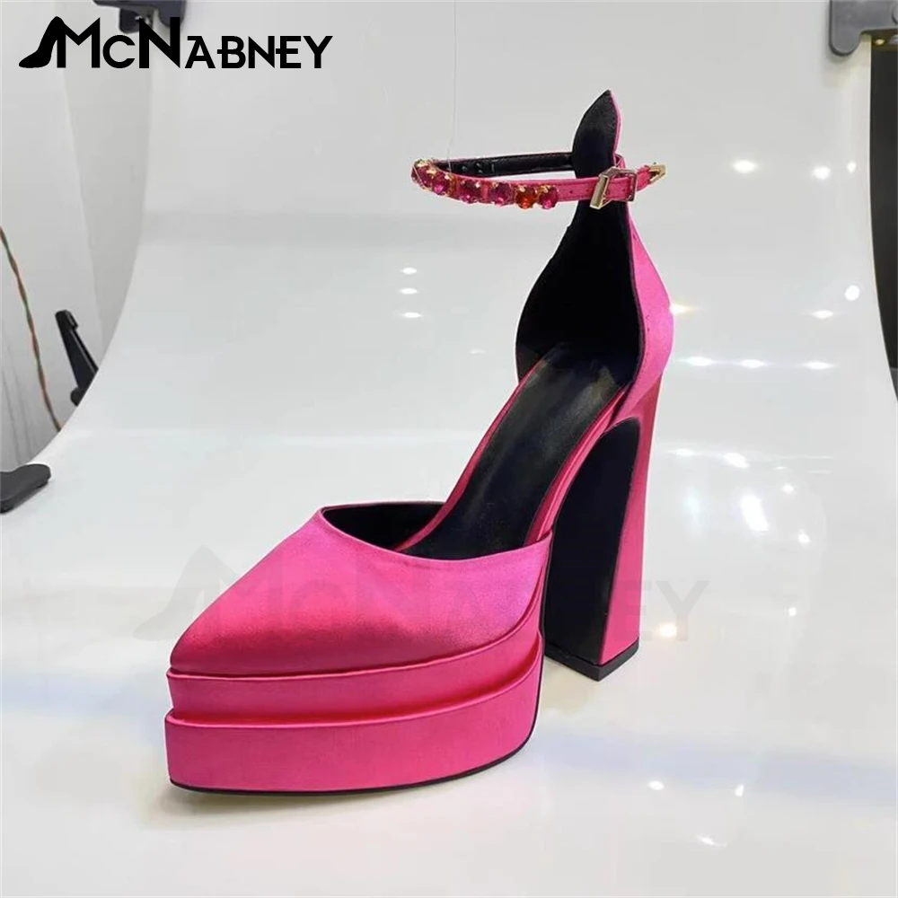 Black Satin Platform High Heels Pointed Toe Chunky Heel Rhinestone Buckle Shoes for Women Luxurious Fashion Designer High Heels