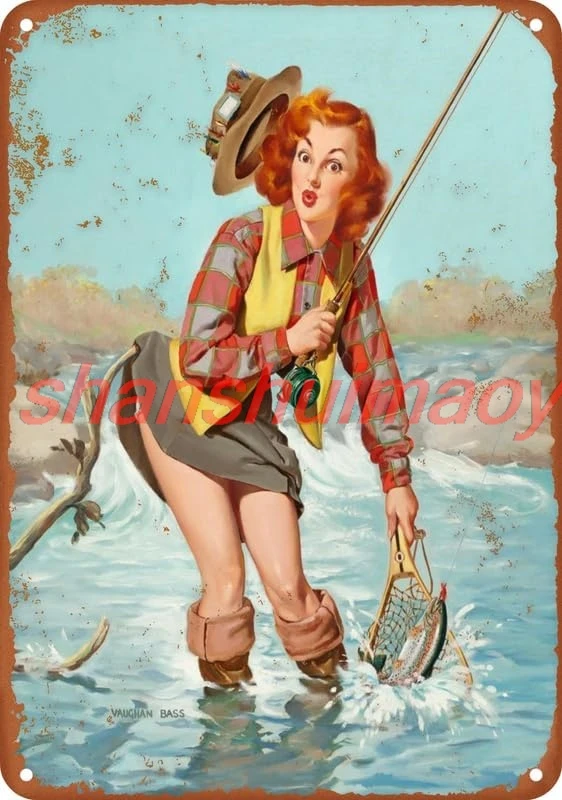 Pin-Up Girl Fly Fishing Vintage Metal Tin Sign Aluminum Signs Wall Art Home Decor Kitchen Poster Cafe Pub Plaque 8X12 Inch sign