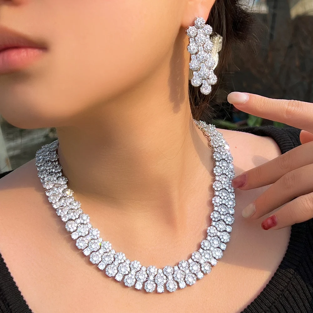 ThreeGraces Luxury Shiny Micro Pave Cubic Zirconia Bridal Wedding Party Banquet Dinner Big Heavy Jewelry Set for Women T1001