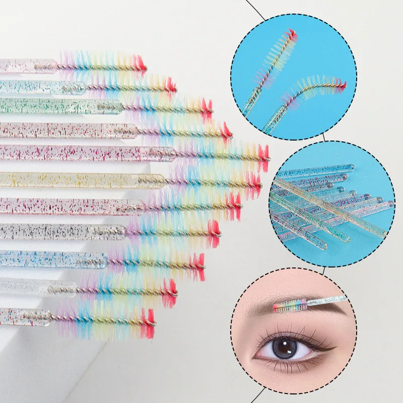 50 Stück Regenbogen-Glitzer-Mascara-Zauberstäbe, rosa Wimpernbürsten, Spulen, bunte Einweg-Mascara-Zauberstäbe für Wimpernverlängerungen