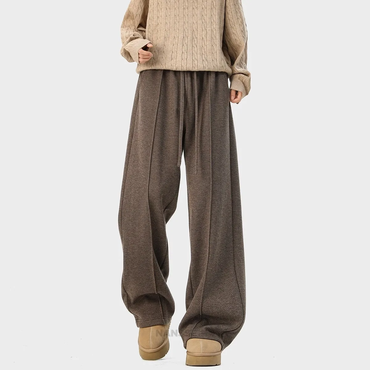 

Men's Winter Faux Cashmere Melard Casual Pants, Fleece-Lined and Thickened Straight-Leg Pants, Herringbone Pattern, Elastic Waistband with Drawstring Design