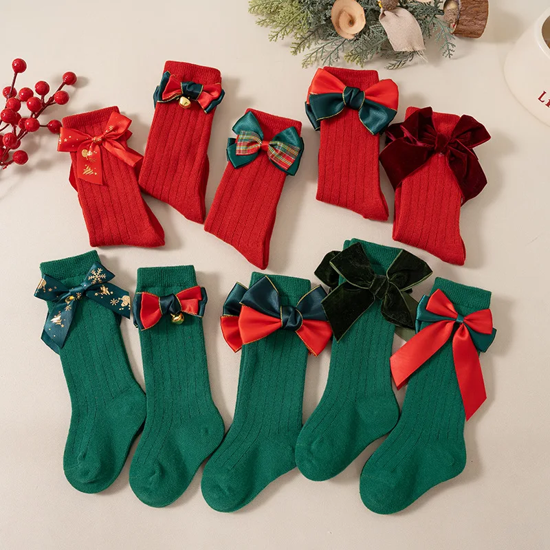 Red Green Medium Tube Socks for Baby Newborn Baby Girls Bow Cotton Princess Stocking Kids for Christmas Winter Non-slip Socks