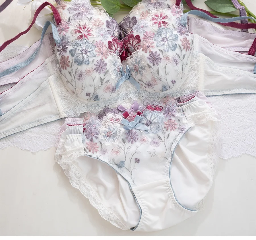 Sweet embroidery thin bra set teenage girls gathered side collection ladies underwear bras women push up lingerie