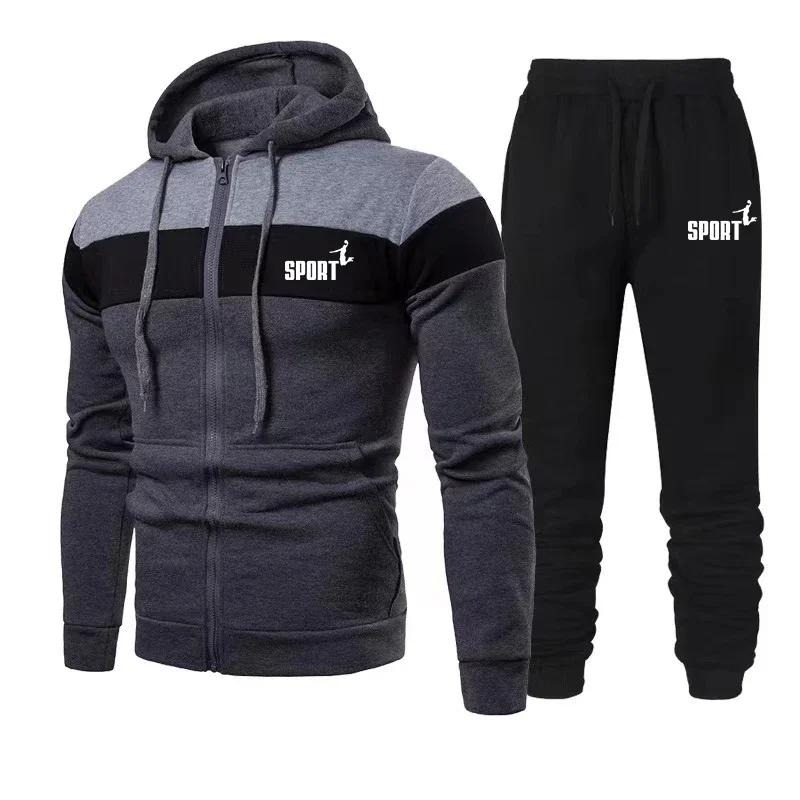 2024 Autunno Inverno Nuovi Uomini di Tendenza Della Moda Casual Cerniera Tri Colore Stampato Felpa Con Cappuccio Palestra All'aperto Jogging Allentato Set Sportivo