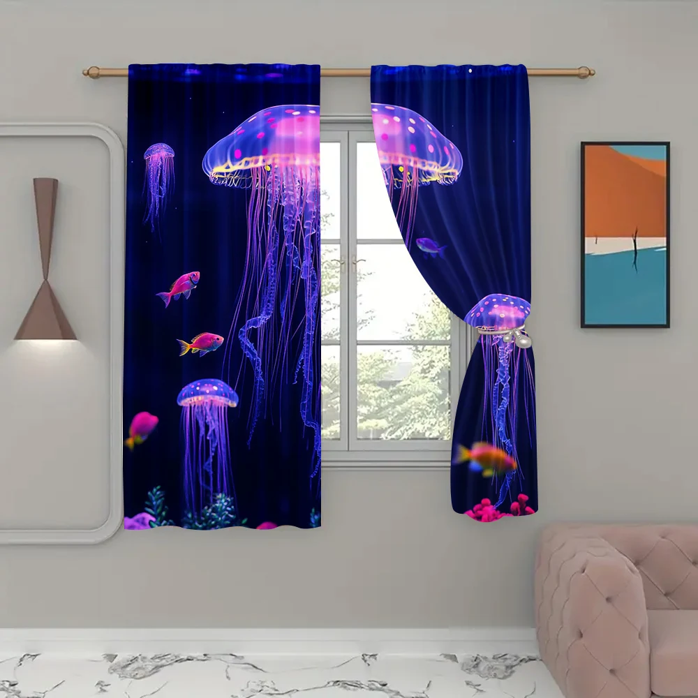 2Pcs Jellyfish Curtains Ocean Creature Curtains For Living Room Sea Underwater World Blue Drapes Marine Life Decor Window