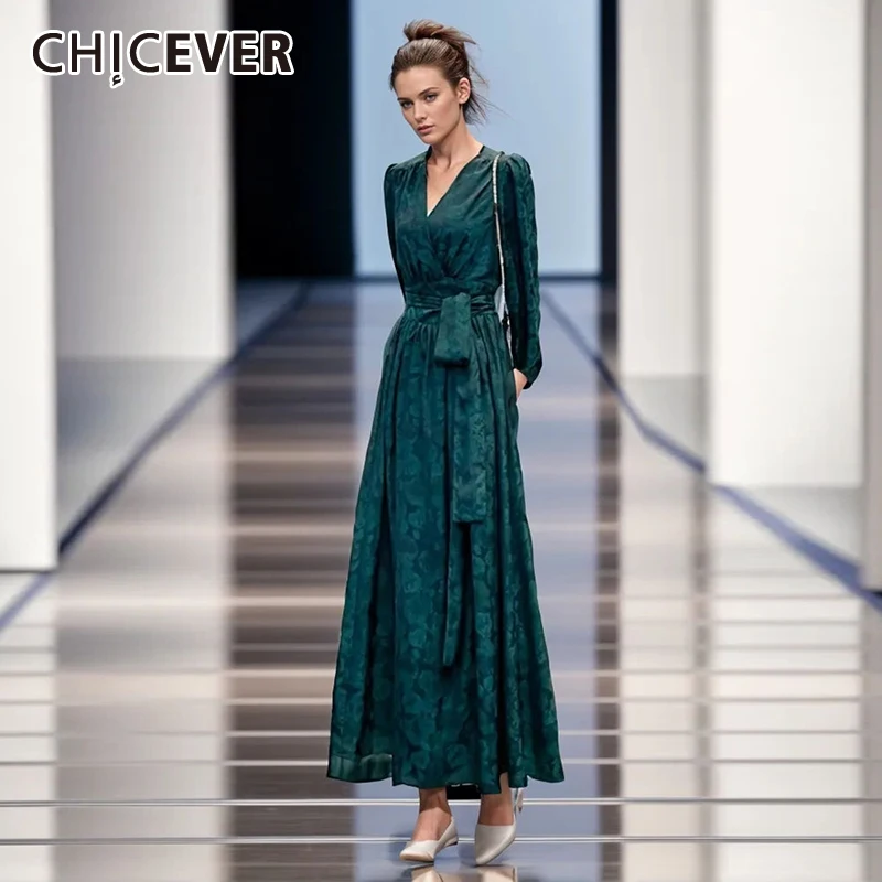 

CHICEVER Hit Color Printing Patchwork Lace Up Dress For Women V Neck Lantern Sleeve High Waist Temperament Slim Dresses Female