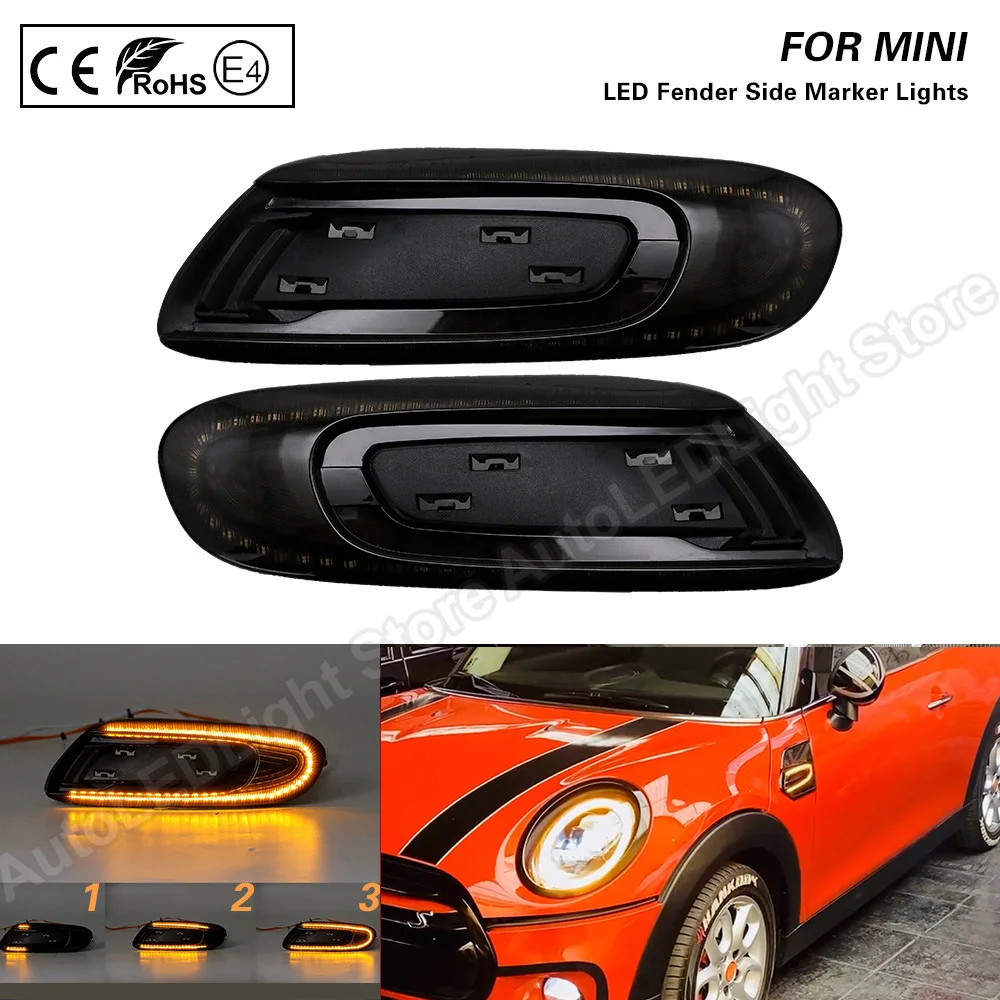 

For Mini Cooper F55 F56 F57 2X Dynamic LED Fender Side Marker Lights Sequential Turn Signal Lamps Smoke Lens No Error Waterproof