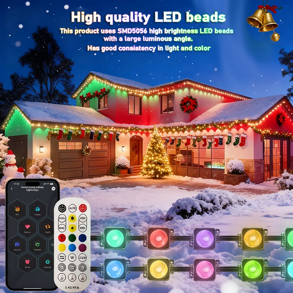 Waterproof Permanent Outdoor LED String Lights 5/90-Meter DIY Smart App & Remote-Controlled Adjustable RGB Eave Lights Festive A