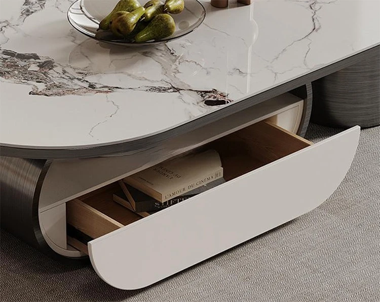 New High-End Sophisticated Small Coffee Table With Drawers Luxury Modern Oval Rock Slab Tea Table Set Living Room Furniture