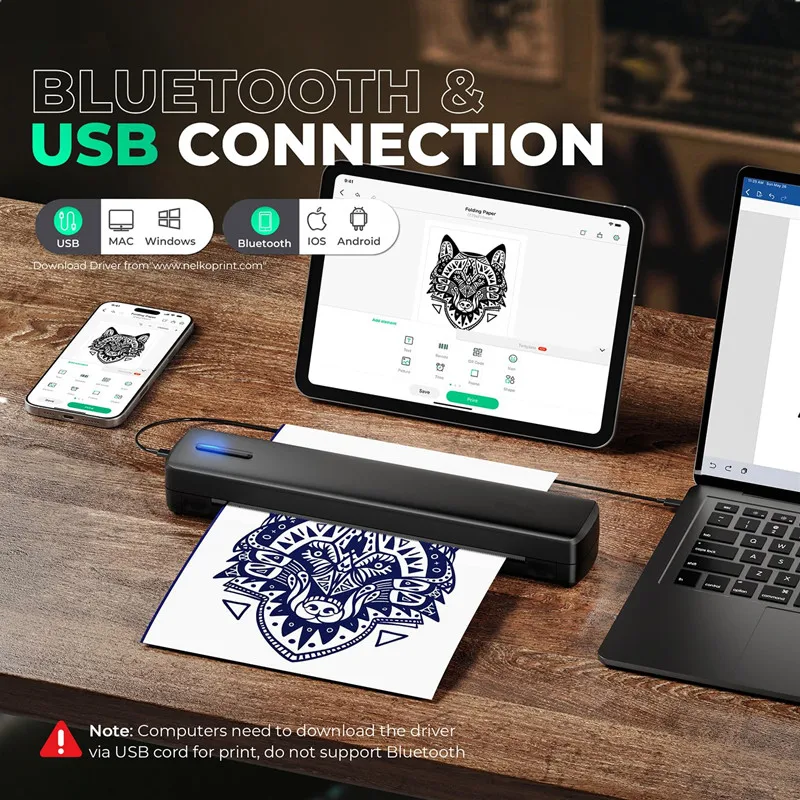 طابعة استنسل وشم لاسلكية 2 في 1 بدون حبر، طابعة حرارية محمولة تعمل بالبلوتوث متوافقة مع نظام Android IOS Windows Mac