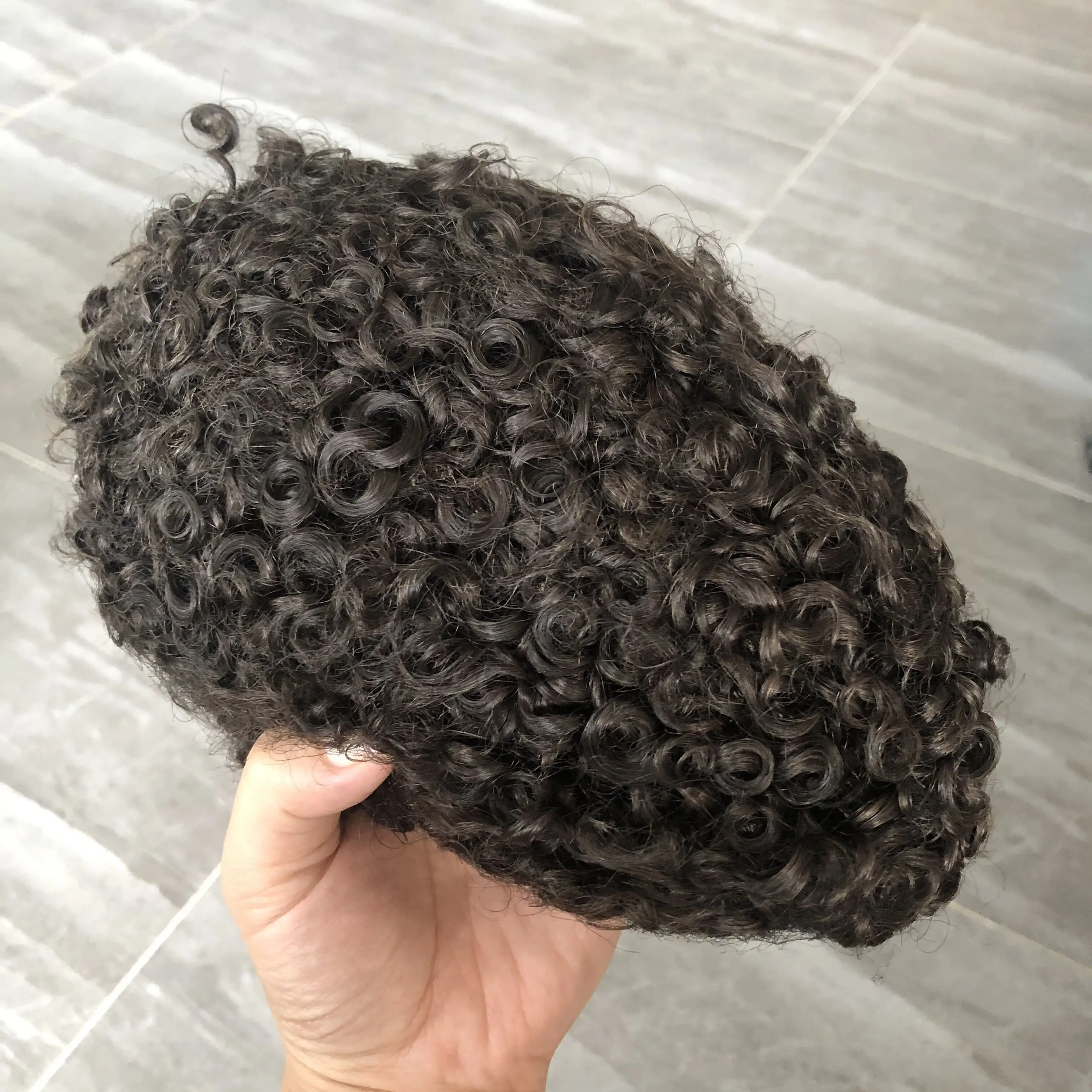 Respirável fino mono peças de cabelo humano sistema de prótese capilar afro preto homem natural linha fina durável 15mm encaracolado perucas marrons