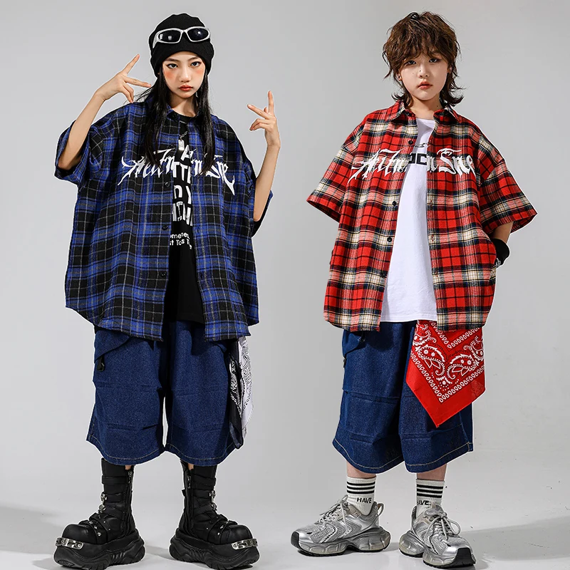 Jungen Hip Hop Lose Kariertes Hemd Cargo-Shorts Mädchen K-pop Street Dance Kleidung Kinder Streetwear Kinder Jazz Sommer Kleidung set
