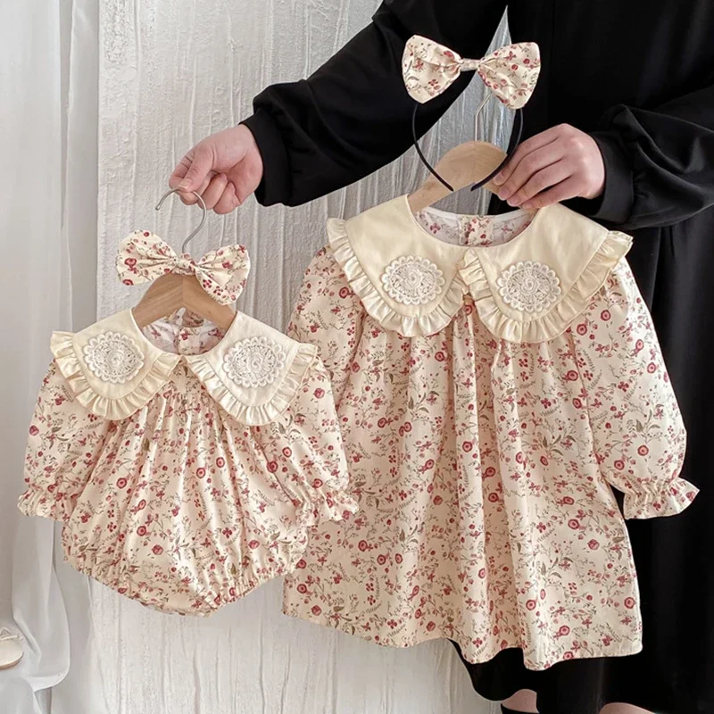 2025 New Autumn Sister Dress Children Clothes 2-7Yrs Girl Party Dress Long Sleeved Cotton Print Kids Princess Dresses