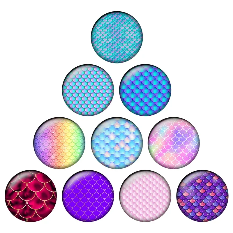 24pcs/lot Colourful Fish Scales Animal Scales Pattern Round Glass Cabochons DIY Jewelry Demo Flat Back Making Findings H005