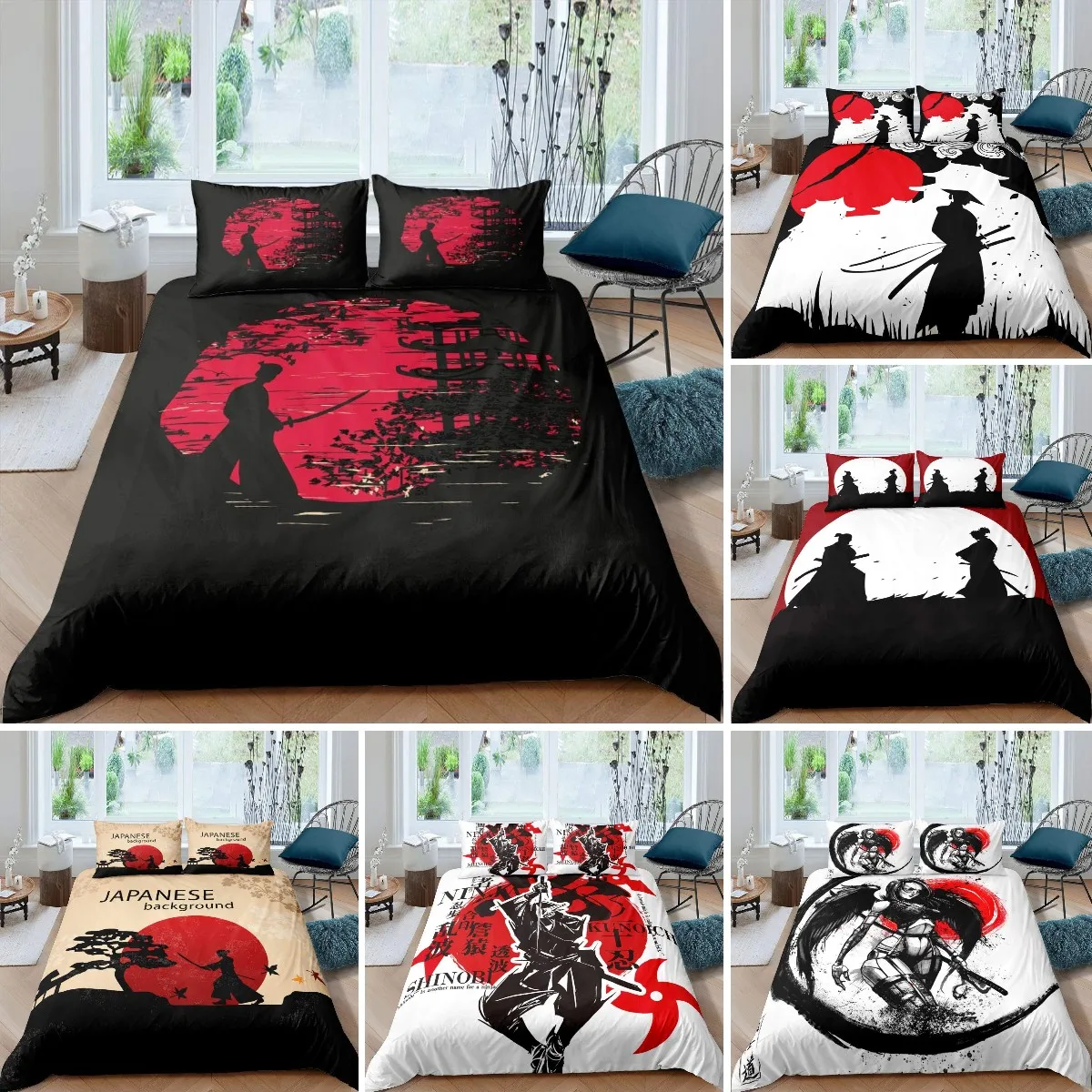 Japanese Samurai Bedding Set, Japan Sunset Landscape Building Silhouette Duvet Cover For Men Teens, Black Red