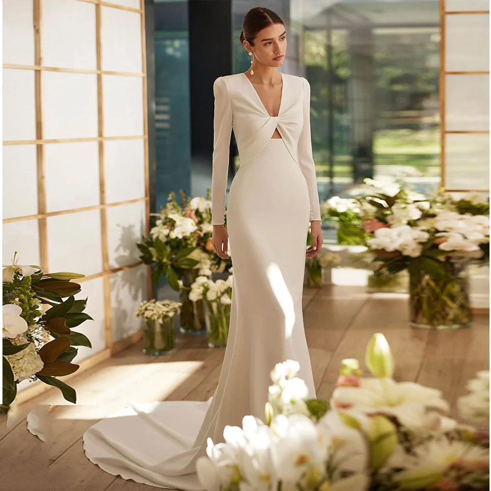 

Modern V Neck Bridal Dress Mermaid Full Sleeves Wedding Gowns for Women 2025 Bride Backless Ivory Wedding Dresses Long