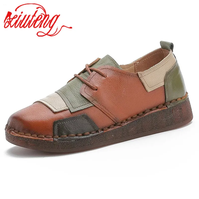 Xiuteng  New Women 2023  Mother Ladies Female Cow Genuine Leather Shoes Flats Loafers Slip On Casual National Style Plaid shoes