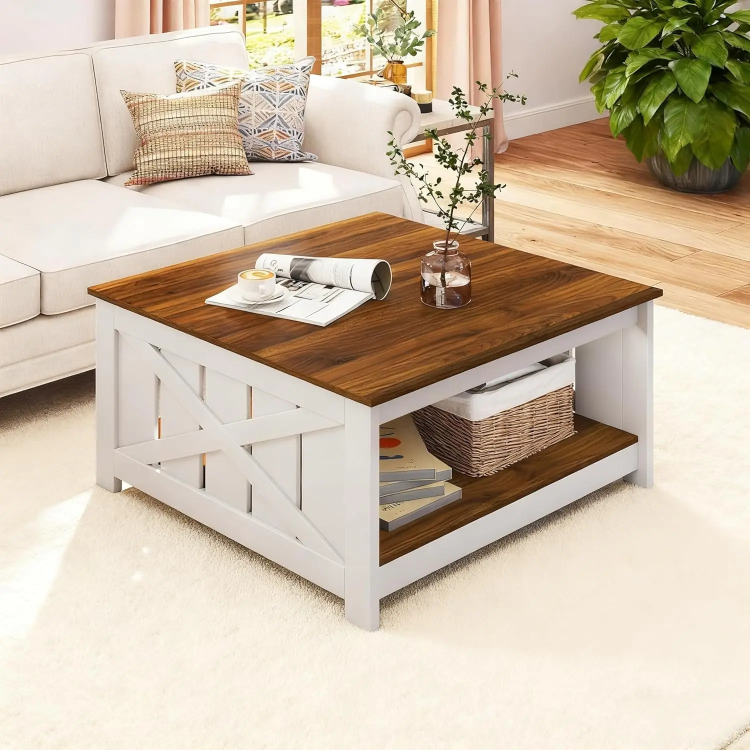 

Farmhouse Coffee Table, 31 Inch Square Wood Coffee Table With Storage Shelf, 2-Tier Vintage Center Table With Open, Customized
