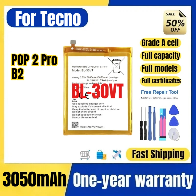BL-30VT for Tecno POP 2 Pro/B2 Phone Battery 0 Cycle High Quality Capacity Battery Replacement Bateria Grade A Cell with Tools