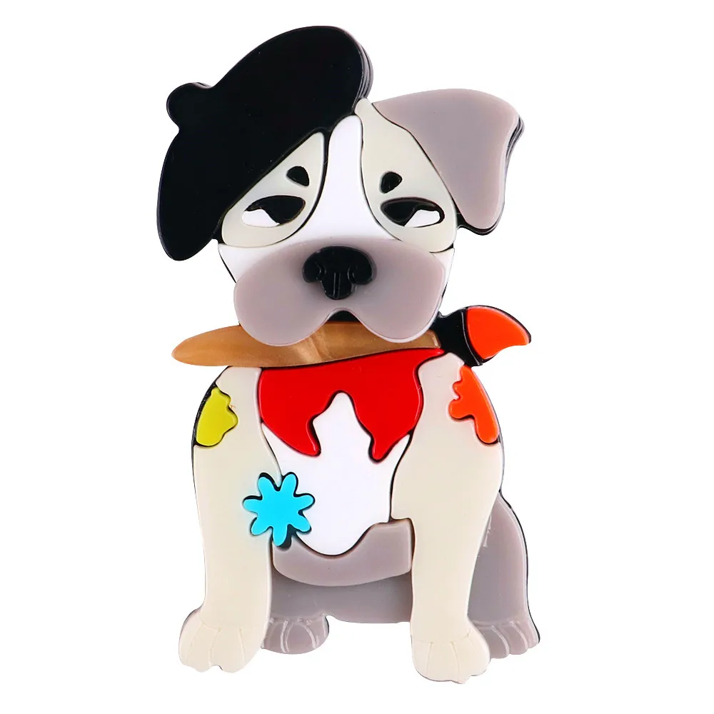 FishSheep Cute Painting Gog Acrylic Brooches Pins For Women Lovey Animal Dog With Brush BROOCHE Jewelry Clothing Accessories