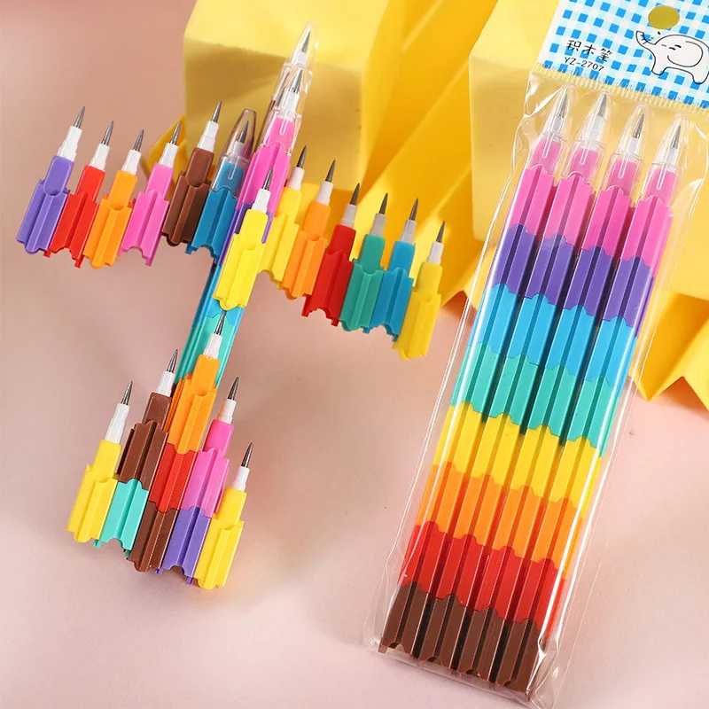 JCAC 4-Pack (32 Mini) Rainbow Building Block Bullet Pencils, No-Sharpen Stackable Pencil, School Prize Gift Stationery