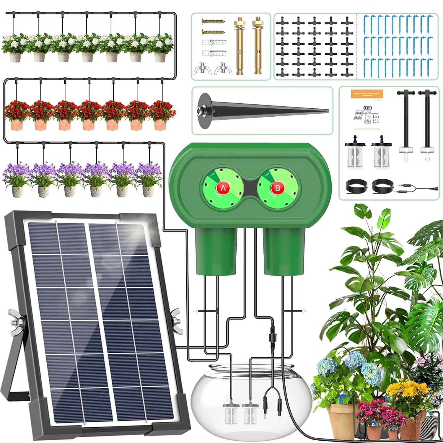 Solar Automatic Drip Irrigation Kit System Split Dual Pump Drip Irrigation Kit Solar Powered Easy DIY Timing Watering Device