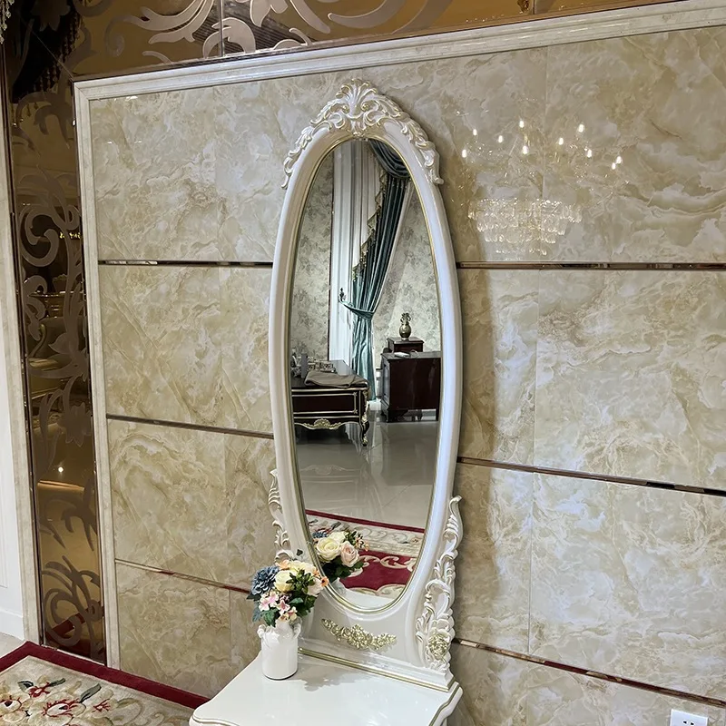 French solid wood full-length mirror, European-style carved warm gray bedroom with drawers full-body floor mirror