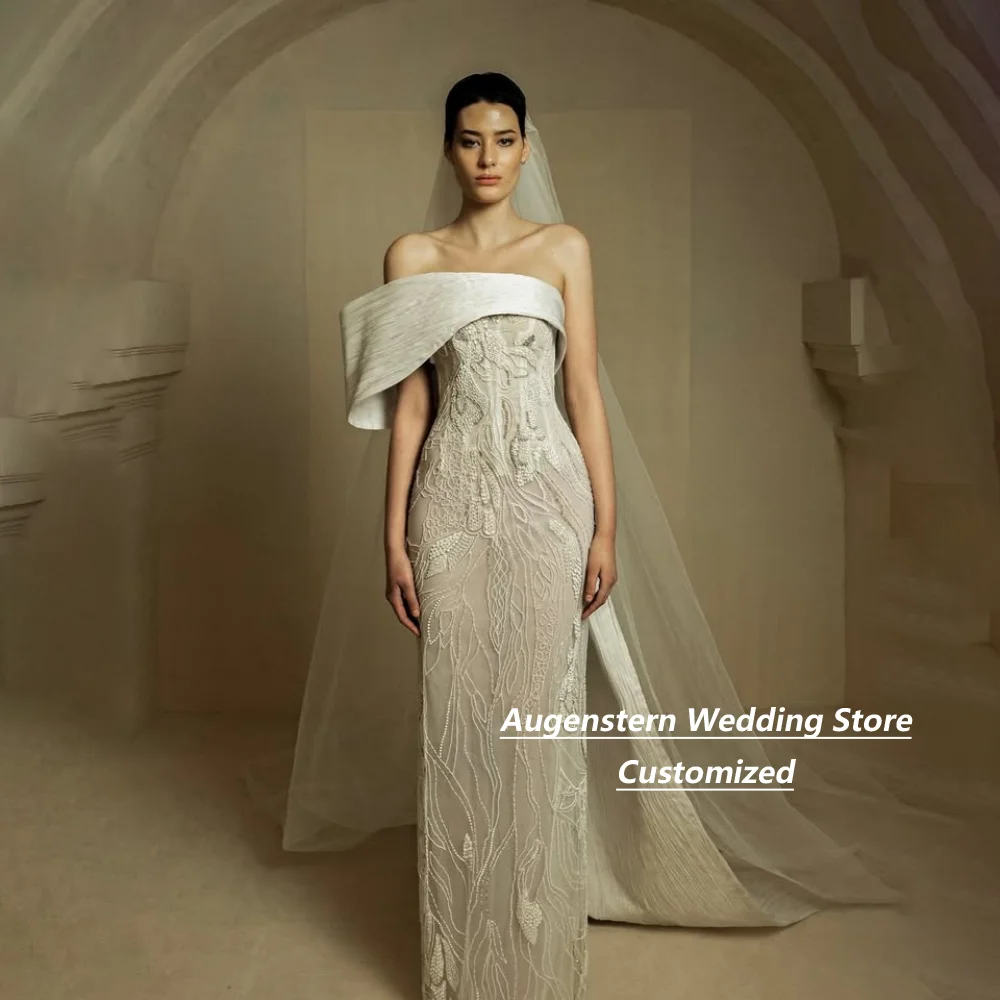 Customized Champagne Weeding Dress One Shoulder Long Sleeve Lace Mermaid Floor Length Bridal Formal Wedding Party Gown