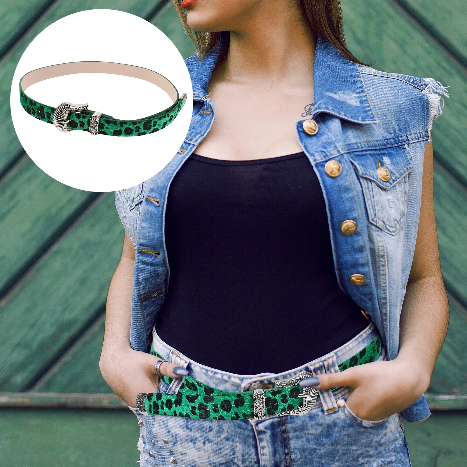 

Leopard Print Buckle Belt for Women Wide Jeans Fashion Western Green Vintage Pants