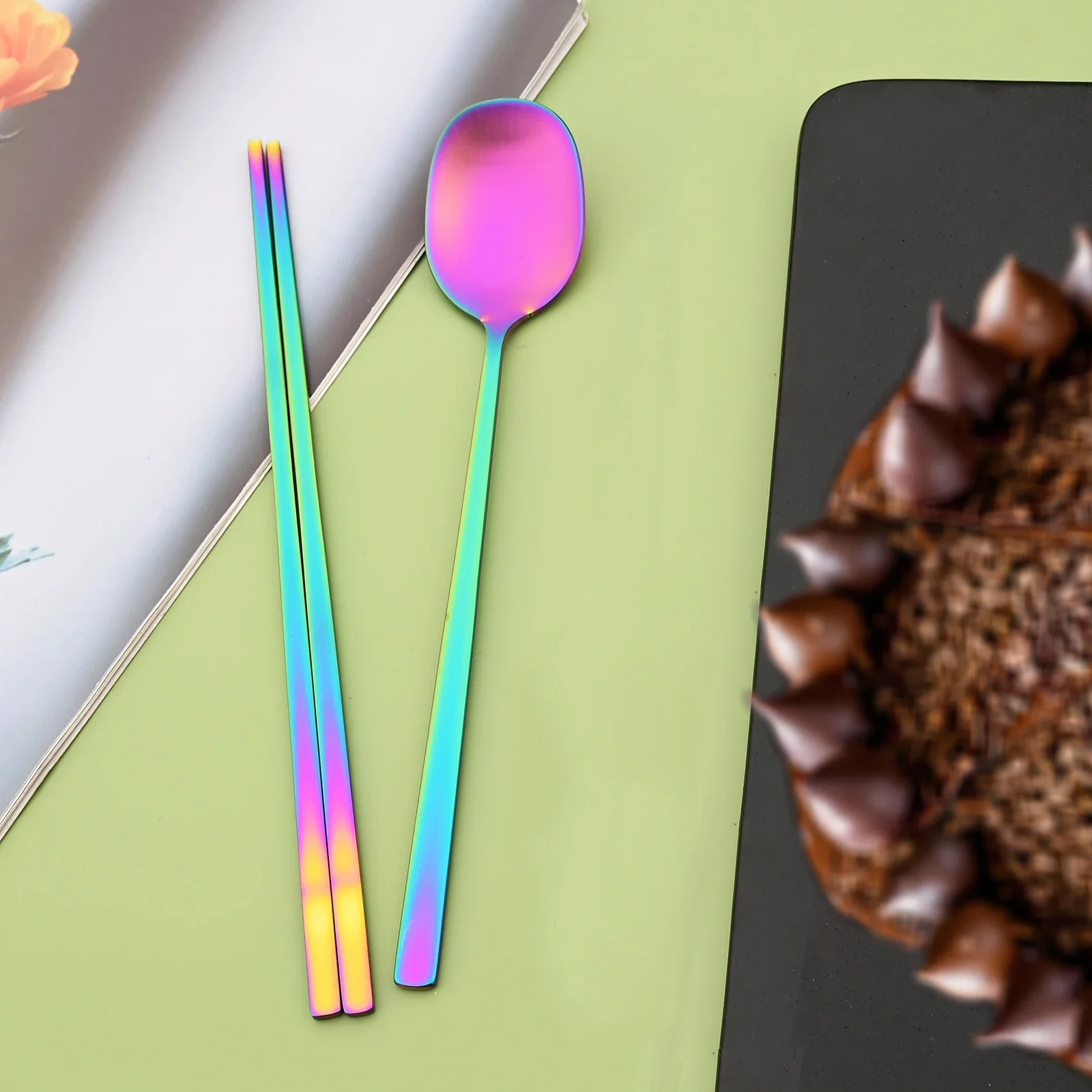 2 قطعة ماتي قوس قزح أواني الطعام مجموعة الكورية عشاء ملعقة عيدان أطباق الفولاذ المقاوم للصدأ أدوات المائدة المحمولة أدوات المائدة المطبخ مجموعة #6
