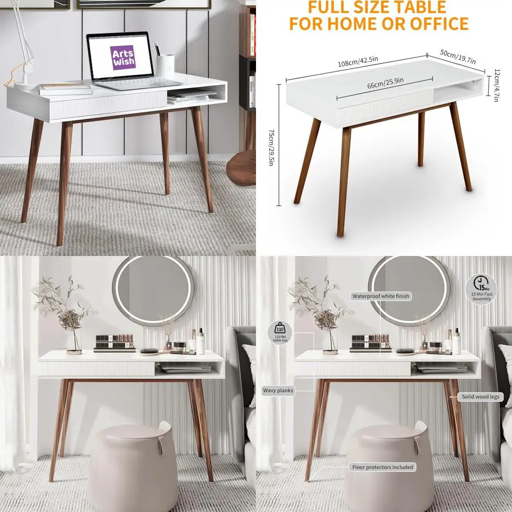 

Mid Century Modern White Artswish Desk with Drawers, Compact Wood Office Desk for Small Spaces
