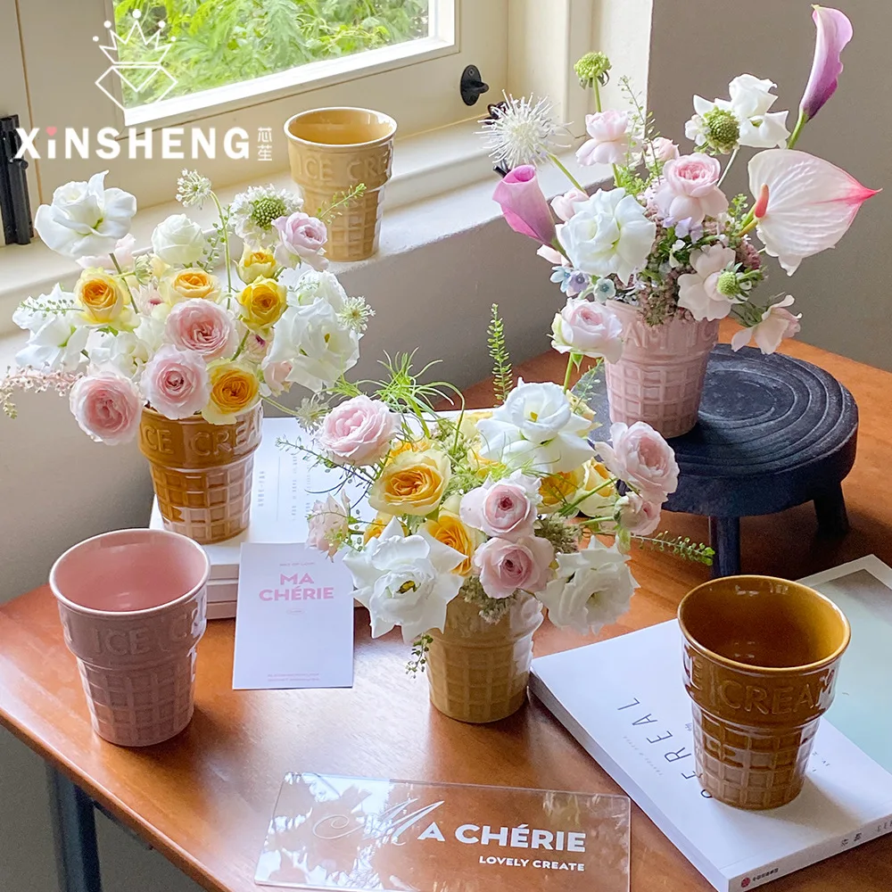 Creative Ice Cream Cup Flora Flowers Vase Hydroponics Plant Pot Flower Arrangement Bottle Artwork Living Room Home Decorations